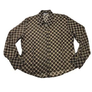 Vintage Sheer Geometric Button Up Blouse Gold Metallic Accents Made in Portugal